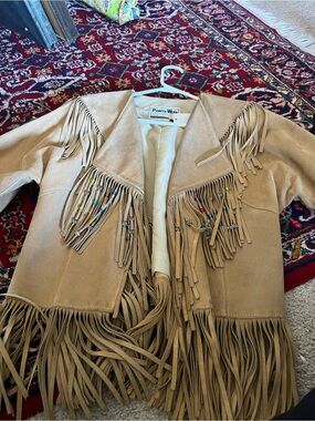 PIONEER WEAR Tan Fringe Teddy Jacket with Beaded Accents